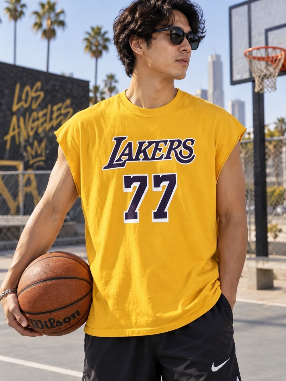 LA Lakers Luka Doncic 77 Mens XL Gold Cutoff T Shirt NBA Basketball Streetwear